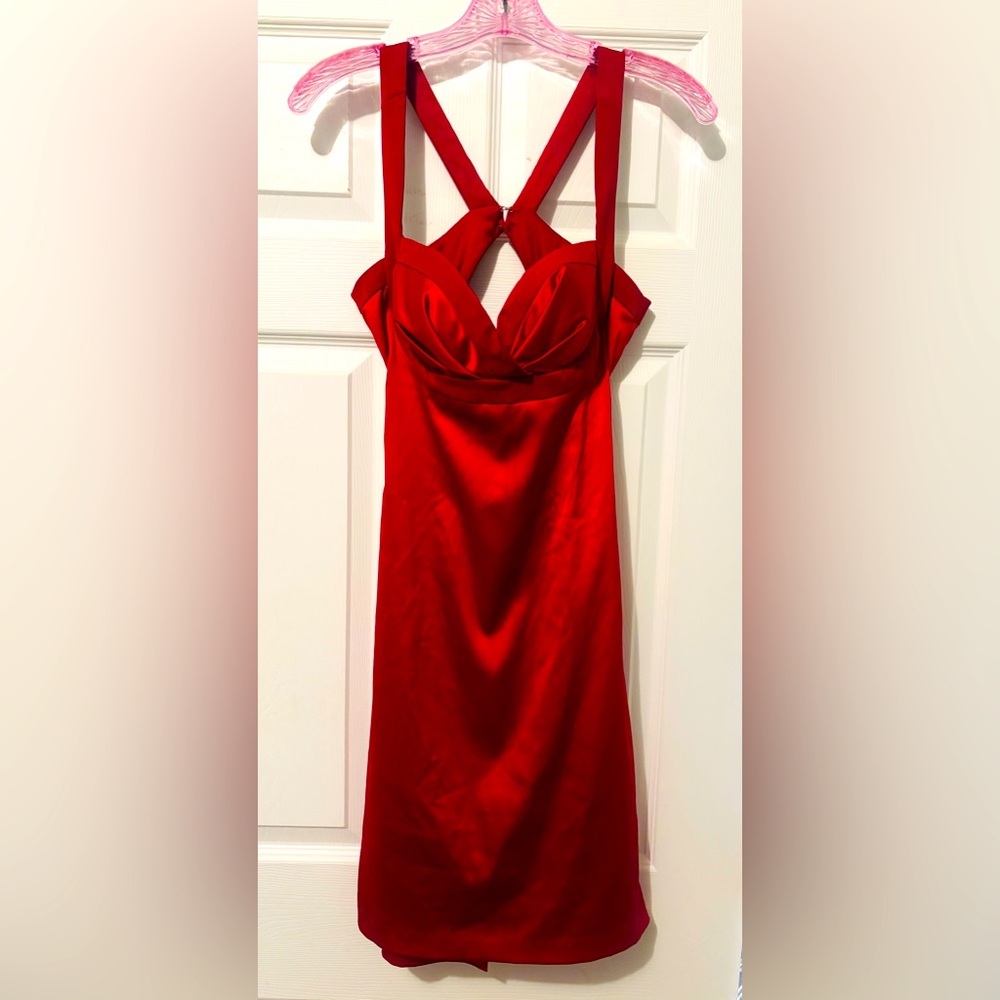 Faviana New York Open Back Red Satin Midi Dress Size Small